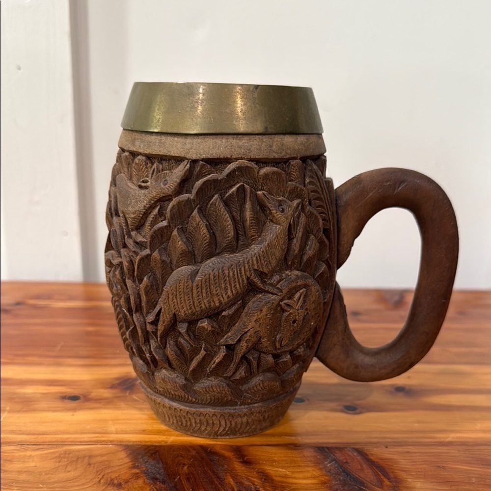 Vintage Carved Wooden Brass Mug Beer Stein Hand Carved Wooden Mug
